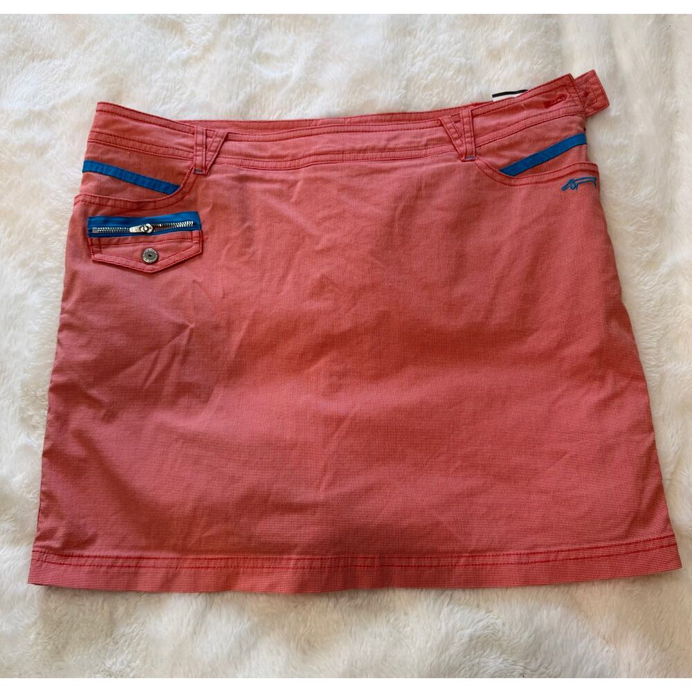 Louis Castel Women's Golf Skort in Orange Check Pattern with Blue Accents